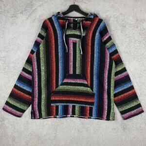 Baja Hoodie Pullover Mens XL Black Multicolor Striped Serape Drug Rug Festival